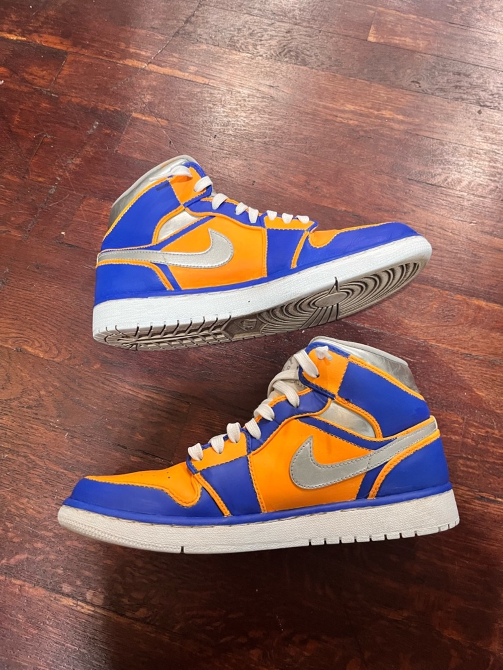 Nike Jordan 1 Mid Silver, Blue, White, and Orange, Customized Mens 8.5/Womens 10 - Picture 2 of 5